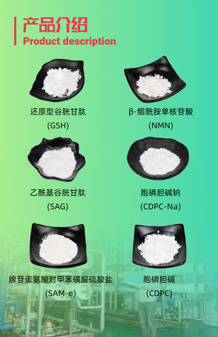 旭彩网产品系列：还原型谷胱甘肽GSH、乙酰基谷胱甘肽SAG、烟酰胺单核苷酸NMN、胞磷胆碱钠CDPC-Na、腺苷蛋氨酸对甲苯磺酸硫酸盐SAMe